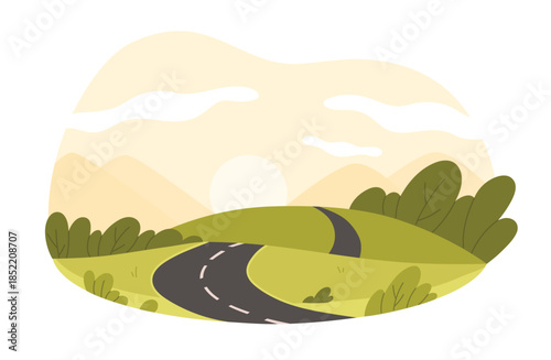 A picturesque country road winds through verdant hills under a golden sunset sky, hinting at the end of a tranquil day isolated