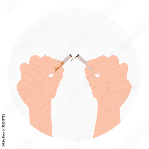 Stop to smoke, quit and win addiction poster design. Hands of smoker break tobacco cigarettes, broken nicotine cigarettes meaning victory over bad habit, pause in smoking cartoon vector illustration