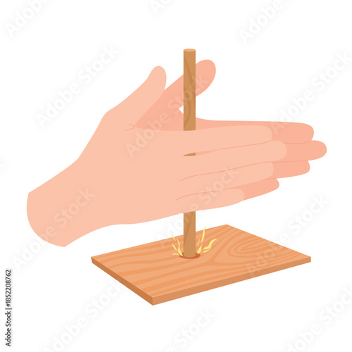Old traditional method of caveman for lighting fire using friction of wooden stick and board. Human hands carve flames, two palms make rotating movement on wood cartoon vector illustration