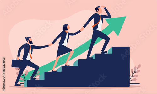 Business progress together - Team of businesspeople walking up stairs with green arrow pointing up towards success. Flat design vector illustration.