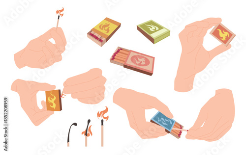 Hands with different gestures to light matches set. Human fingers hold burning matchstick and box for smoking, wooden sticks burn with flame, open and closed matchbox cartoon vector illustration