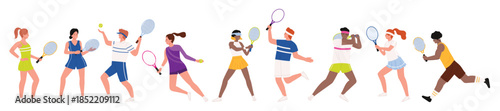 People play tennis set, actions of female and male players on court. Athlete characters holding rackets to play, young man and woman jumping for ball on tennis match cartoon vector illustration