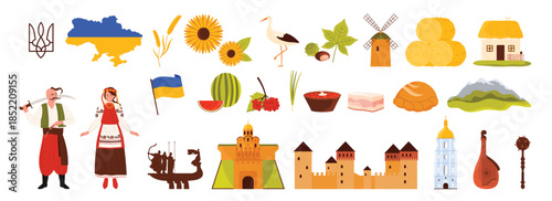 Travel to Ukraine, heritage landmark and national culture symbol set. Ukrainian man and woman in ethnic costumes and flowers wreath, borsch and map of country, flag cartoon vector illustration