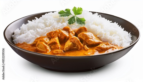 chicken curry with cutout white rice isolated on a white background