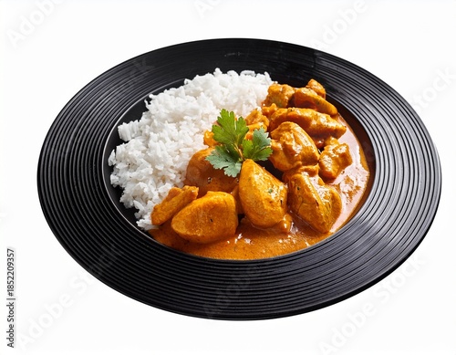 chicken curry with rice on cutout black plate isolated on a white background