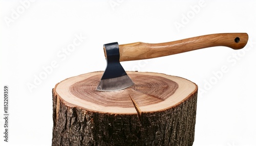 axe resting on a wood log cutout isolated on a white background