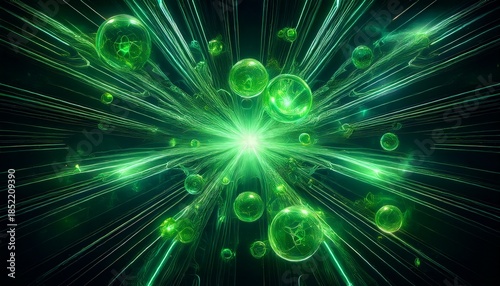 glowing green energy symbols float in darkness creating abstract and futuristic scene