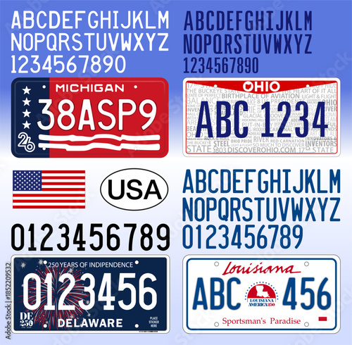 USA 2026 new pattern license plate car, Michigan, Ohio, Delaware, Louisiana, vector illustration