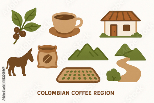 Colombian Coffee Region Icon Set with Coffee Plant, Finca House and Rural Symbols