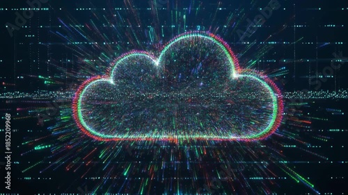 Digital Cloud Icon Emitting Colorful Light Streaks on a Dark Background with Data Streams Keywords: cloud, computing, data, technology, digital, network, internet, storage, information, abstract