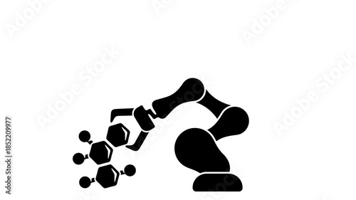 Robotic arm, robot manipulator, molecular and chemical structure, graphic animation. Alpha channel. Transparent background motion design. 4K resolution