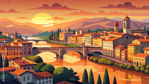 Very beautiful sunset view over the Arno River in Florence, with historic bridges, warm golden reflections, pastel sky, and elegant Renaissance architecture creating a timeless Italian cityscape.
