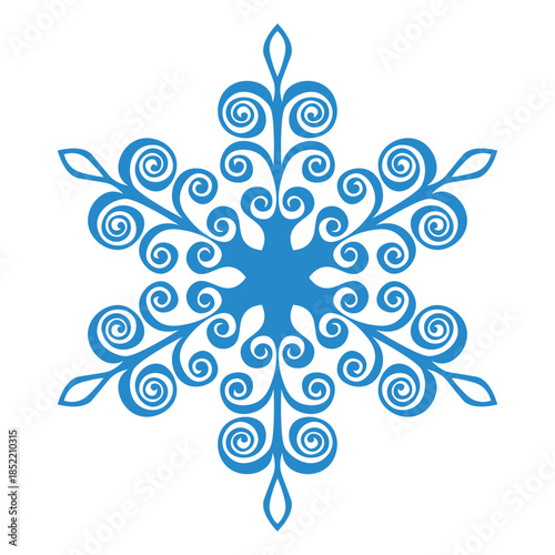 Blue template snowflake with shadow. Isolated snowflakes icon, round mandala. Winter Holiday cartoon flat illustration. Merry Christmas and New year Vector. Hand draw style.