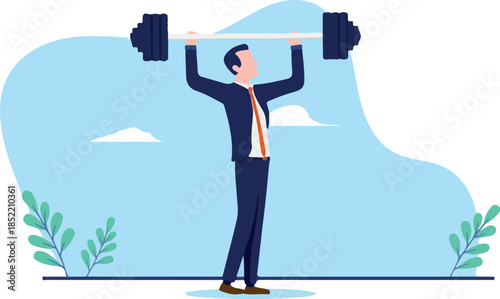 Business strength - Strong businessman lifting weight having willpower and being determined. Flat design vector illustration with white background