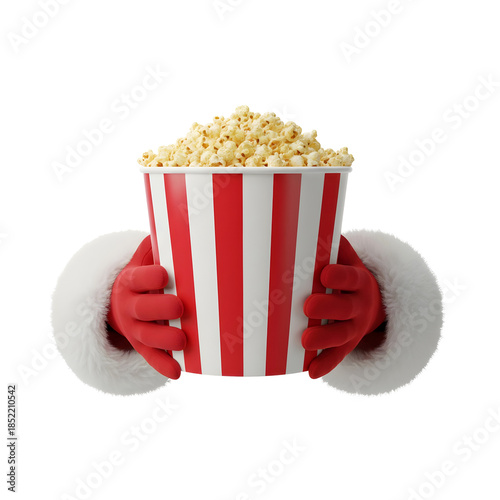 3D render of festive hands holding a popcorn bucket, transparent background