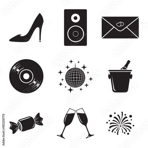 Set of 9 party and celebration icons including high heel shoe, speaker, envelope, vinyl record, disco ball, ice bucket, candy, champagne glasses and fireworks in bold silhouette vector illustration