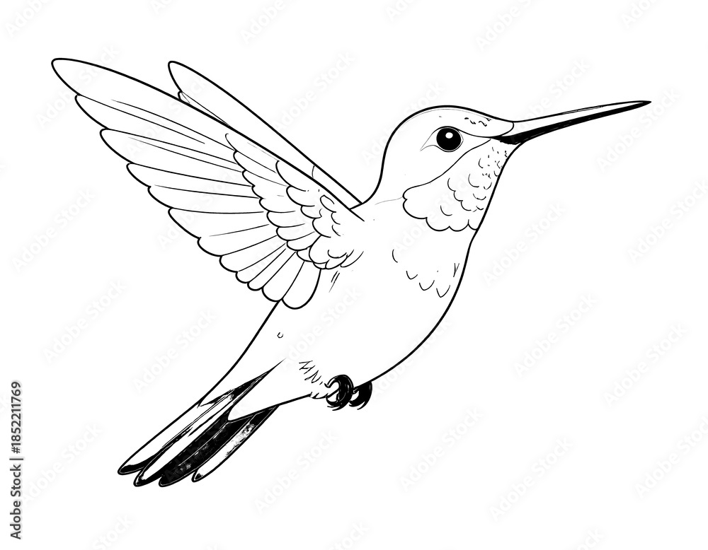 Fototapeta premium Hummingbird Outline Drawing, Flying Bird Sketch, Art, Nature Illustration