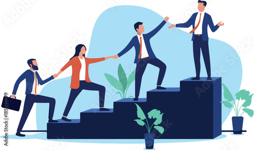 Business team or businesspeople climbing a staircase to success, helping each other to reach their professional goals, teamwork concept in modern flat design vector illustration.
