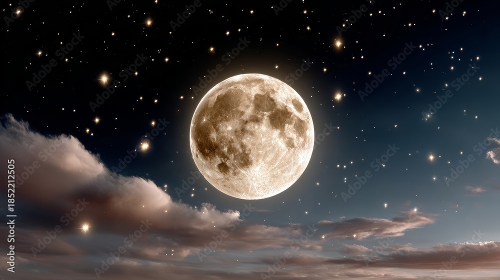 Fototapeta premium Full moon glowing brightly in a starry night sky, surrounded by soft clouds, creating a serene and magical atmosphere, perfect for nighttime landscapes and celestial themes