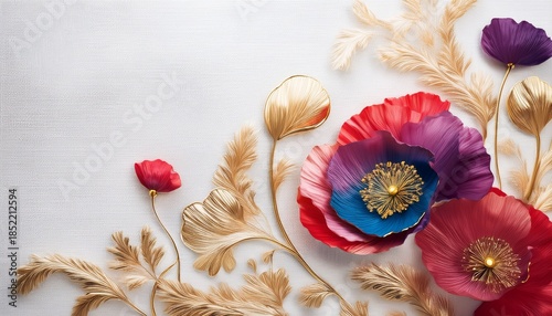 Colorful Poppy Flowers With Gold Accents On Textured White Canvas Background