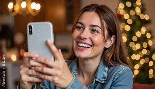 Young woman smiling while using smartphone indoors during Christmas  