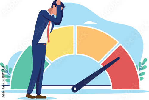 Business warning high risk alert - Sad businessman, investor or manager in fear looking at company indicator showing risky economy and financial emergency crisis. Flat design illustration graphic.
