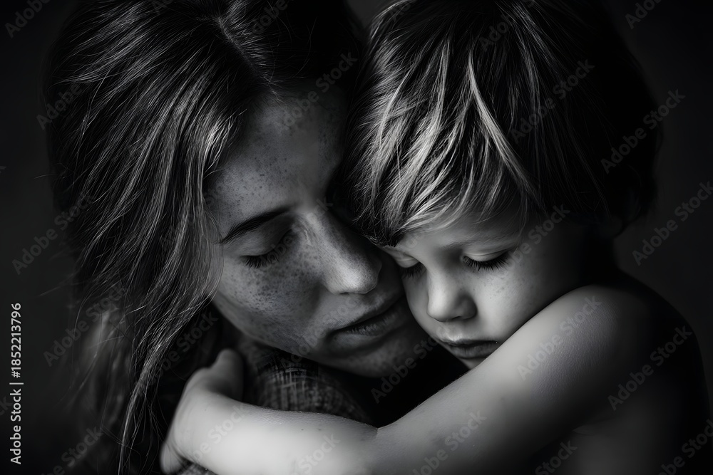 Fototapeta premium Monochromatic portrait of mother and child embracing with tenderness and love