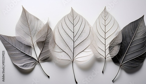 Gray Skeletons Of Autumn Leaves On A White Background A Light Backdrop Seasonal