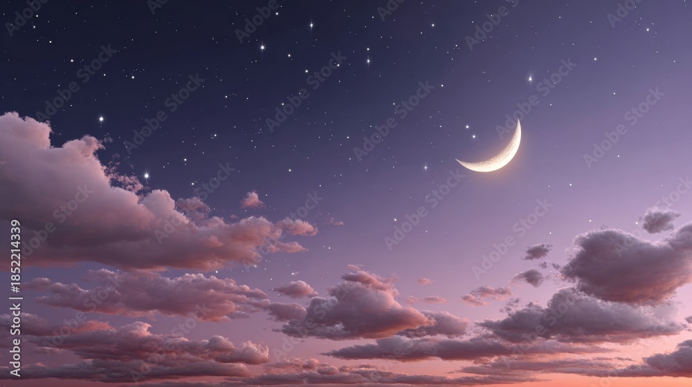 Fototapeta premium Serene night sky featuring a crescent moon surrounded by twinkling stars and soft clouds, creating a tranquil atmosphere perfect for relaxation and contemplation under the celestial beauty