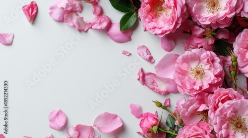 Pink roses and scattered petals are arranged on a flat surface creating a vibrant display of flowers in natural light capturing the essence of spring and nature.