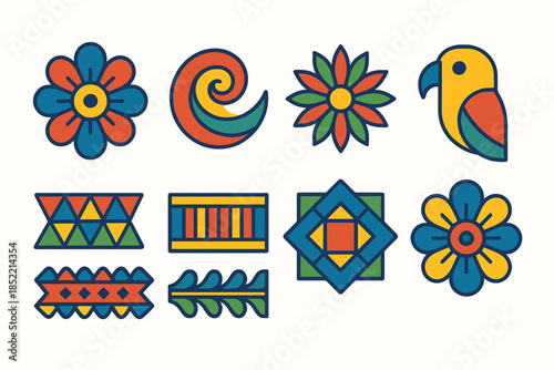 Colombian Folk Motif Icon Set with Flower Medallions, Parrot Patterns and Decorative Borders