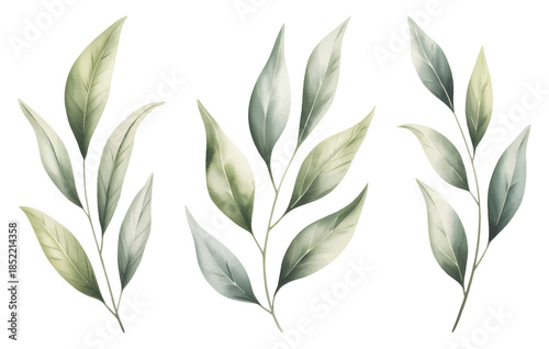 Soft botanical leaf collection painted in gentle watercolor tones. Botanical set of tropical foliage branch.