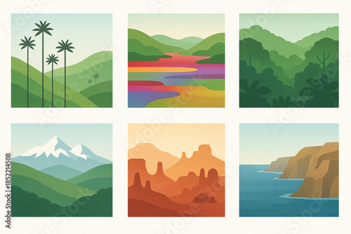Colombian National Parks Icon Set with Cocora Valley, Caño Cristales and Tatacoa Desert