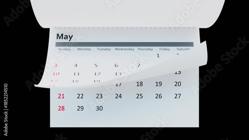 Universal desktop calendar with monthly pages turning rapidly. High-quality front view animation on transparent background for scheduling, planning, and deadline concepts.