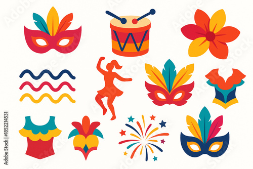 Colombian Carnival Icon Set with Feather Masks, Drums and Festive Costumes