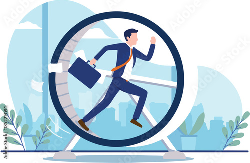 Businessman in hamster wheel - Male person running and getting nowhere, doing meaningless work and unnecessary stress concept..