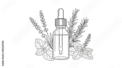 Set of hand drawn cosmetic brushes with a glass perfume bottle and a plastic spray container for beauty care isolated on white