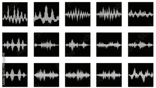 Vector illustration set of black audio sound icons and headphones featuring nature-inspired leaf and tree branch silhouettes for a floral forest design pattern collection