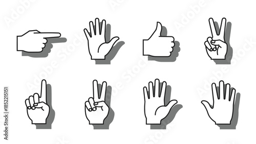 Vector illustration set of human hand gestures and finger symbols featuring palms, silhouettes, and numbered signs from one to five with pointing thumbs and volunteer arms up