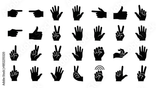 Vector collection of black hand silhouettes and finger gesture icons featuring a set of palm signs, people gestures, and business symbols for web design illustration