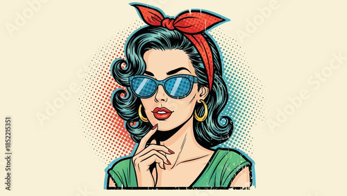 A vintage fashion illustration of a beautiful girl with glasses and a mask featuring a retro hairstyle and glamour style vector art