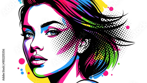 A glamour vector illustration of a fashion model girl with pink hair and headphones features a black silhouette style focusing on her eyes and lips as a modern beauty art design