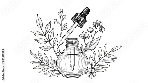 Vintage vector illustration of a black and white vase with flowers alongside a tea cup and coffee pot in a kitchen cafe pattern design