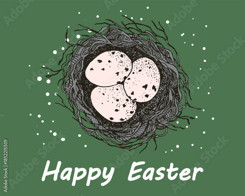 Vector Easter banner with eggs in bird's nest. Festive background with place for text for flyer. Hand drawn vector illustration, holiday design.