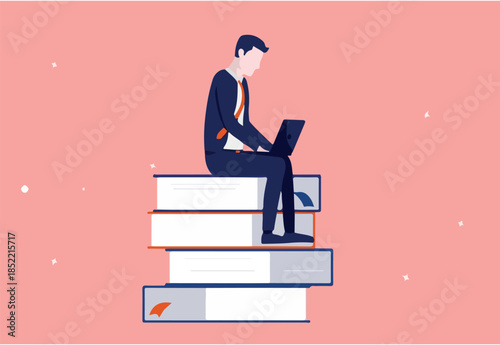 Businessman sitting on books with laptop in lap - Man taking courses studying and learning. Vector illustration