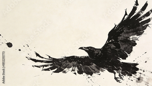 Dramatic black ink painting of a flying raven with ink splatters