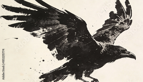 Dramatic black ink painting of a flying raven with ink splatters