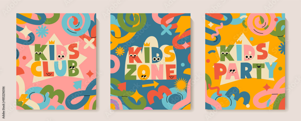 Obraz premium Set of flyers for kids zone, party, club. Advertise of place for children events. Fun colorful childish design with hand drawn doodle elements. Kids zone for entertainment. Vector illustration