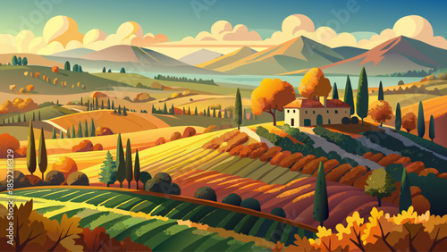 Very beautiful Tuscan vineyard landscape in autumn, featuring rolling hills, golden vines, soft sunlight, and peaceful rural scenery that reflects the timeless agricultural beauty of Italy.