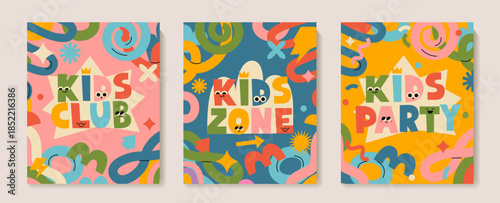 Set of flyers for kids zone, party, club. Advertise of place for children events. Fun colorful childish design with hand drawn doodle elements. Kids zone for entertainment. Vector illustration